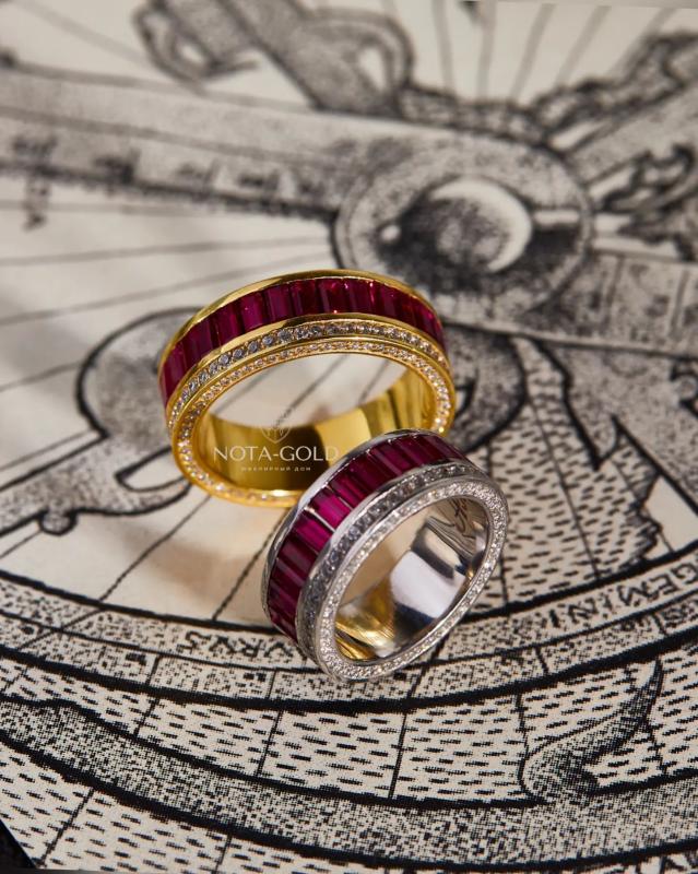 Обручальные кольца с бриллиантами, рубинами и гравировкой