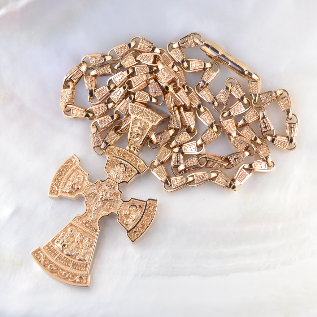 Эксклюзивный крест из красного золота с ликами и молитвой на цепочке плетение Православная Малая (Вес: 64 гр.)