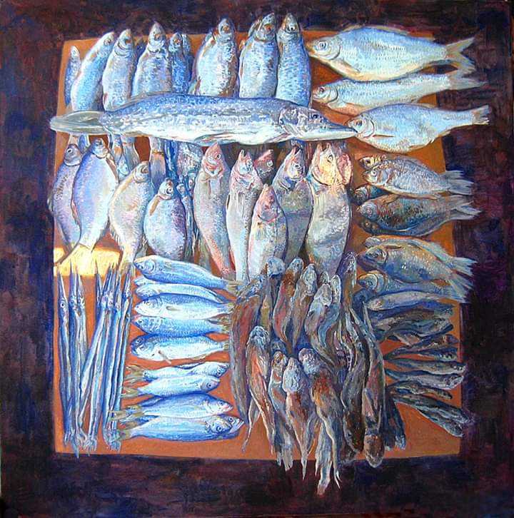 Картина натюрморт маслом на холсте - рыбы мы на солнышке лежим 110x110 см