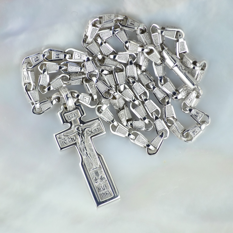 Православный серебряный мужской большой крестик с именной цепочкой  (Вес 35 гр.)