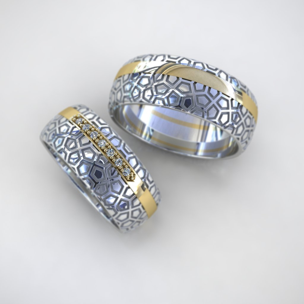 Обручальные кольца Золотое сечение в белом и жёлтом золоте с бриллиантами (Вес пары 16,3 гр.)