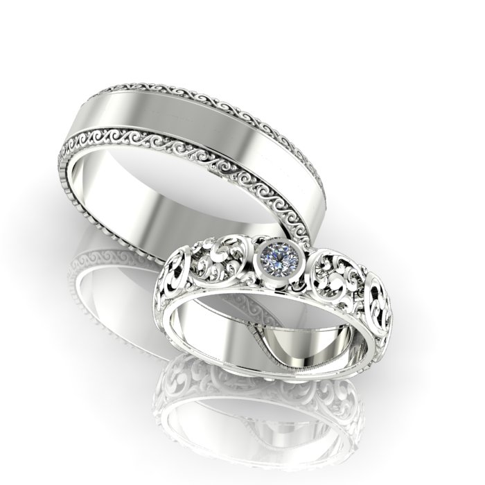 Обручальные кольца Весна из белого золота с бриллиантом и узором (Вес пары: 13 гр.)