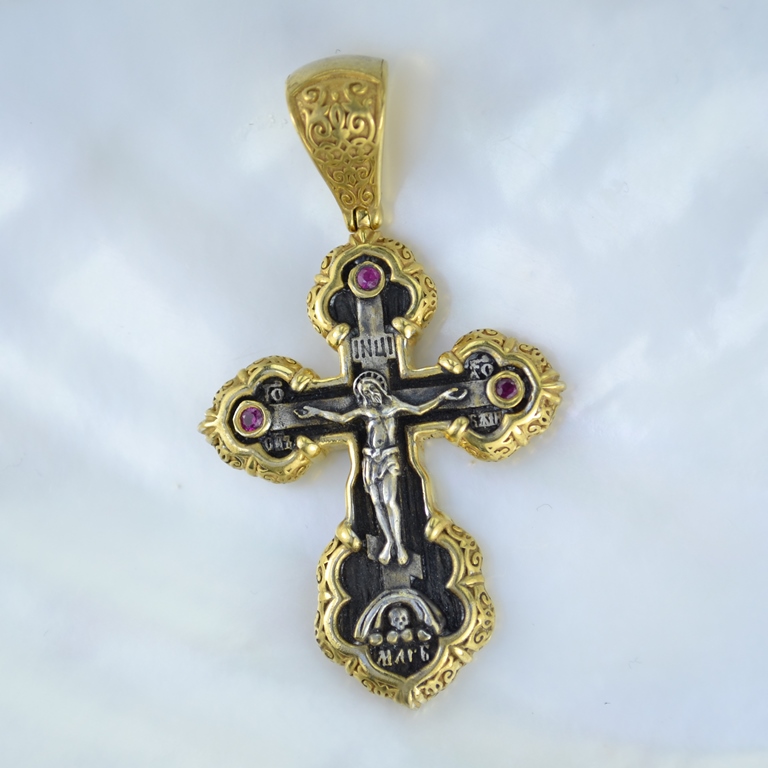 Серебряный мужской православный крест с золочением и чернением вставки рубины (Вес: 19 гр.)