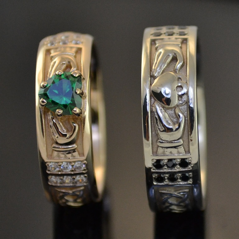 Кладдахские обручальные кольца с изумрудом и бриллиантами на заказ (Вес пары: 10 гр.)