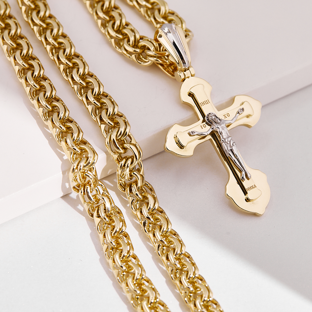 Золотая цепочка плетения Бисмарк с православным крестиком из жёлтого золота (Вес: 144 гр.)