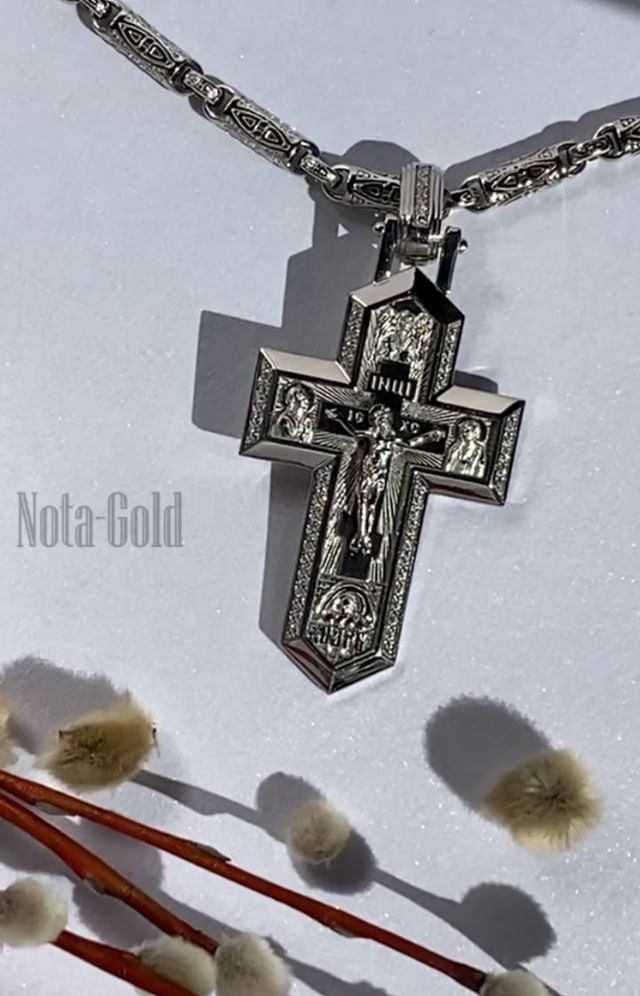 Православный нательный крест из белого золота на цепочке плетения Этнос
