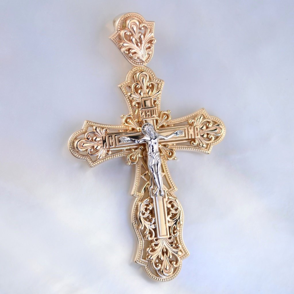 Ажурный православный крест из двух видов золота с распятием и гравировкой Спаси и сохрани (Вес 15 гр.)