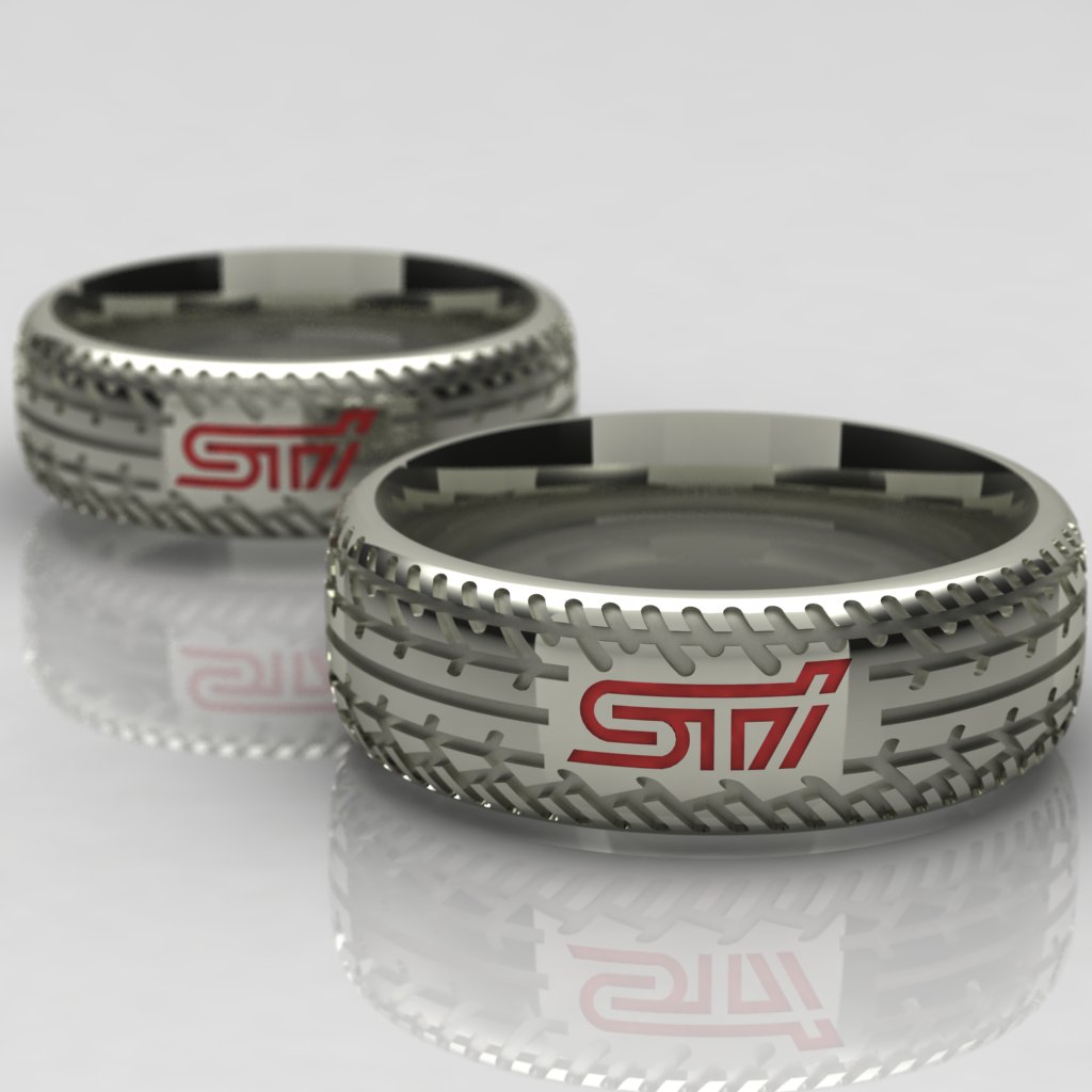 Парные обручальные кольца SUBARU STI в виде шин с эмалью (Вес пары: 16 гр.)