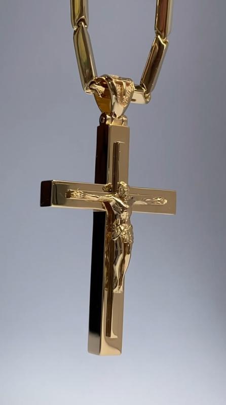 Православный крест и цепь плетение Санрэй из жёлтого золота