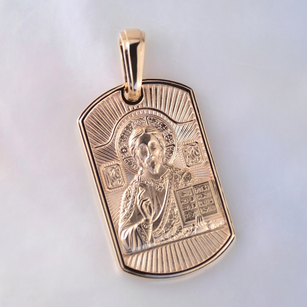 Нательная иконка-жетон из красного золота Спаситель Иисус Христос с гравировкой Спаси и сохрани (Вес: 6,5 гр.)