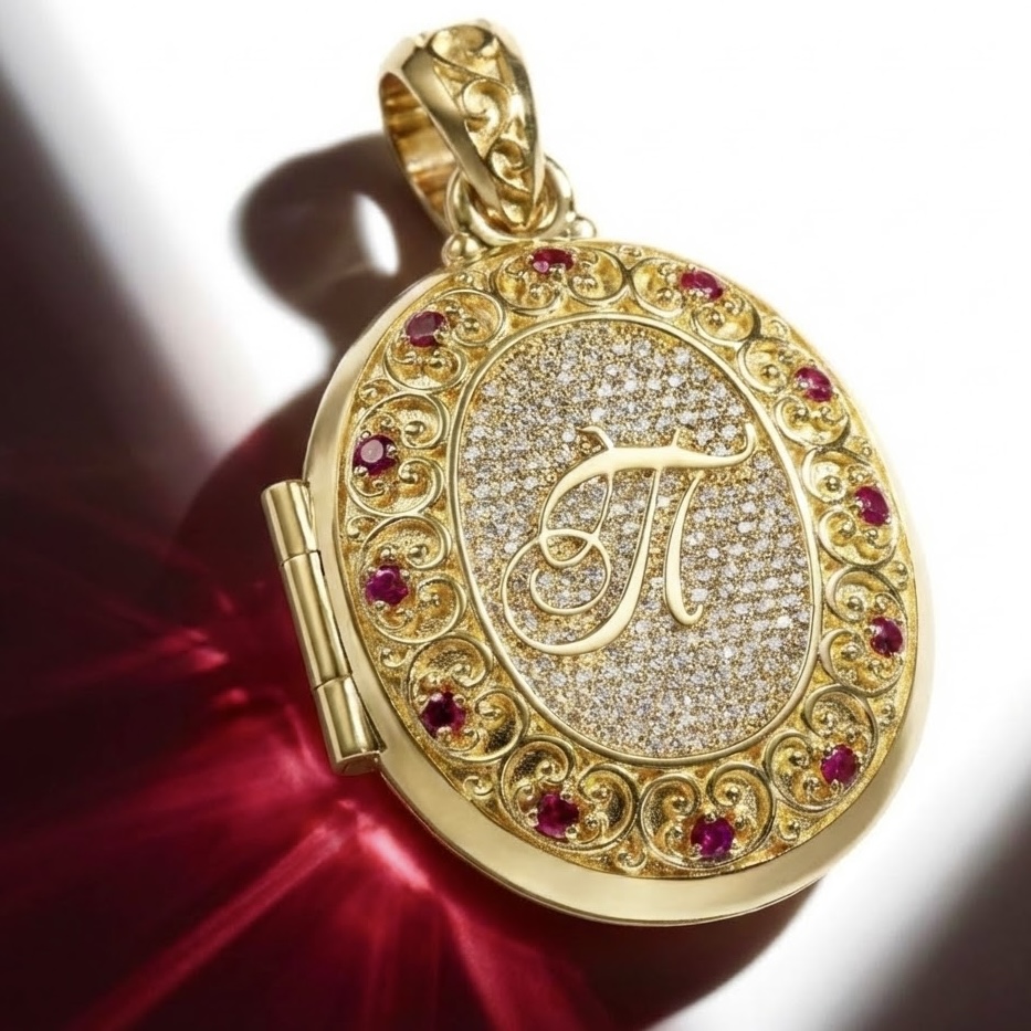 Медальон под фотографию из желтого золота с монограммой, рубинами и бриллиантами
