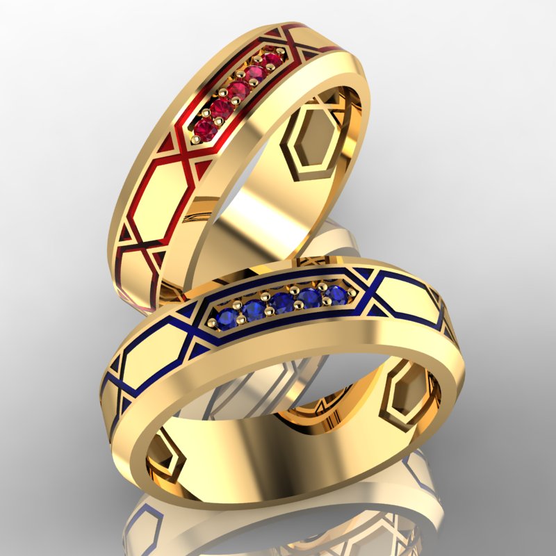 Обручальные кольца Шарм с эмалью, с дорожкой  рубинов и сапфиров (Вес пары:12 гр.)