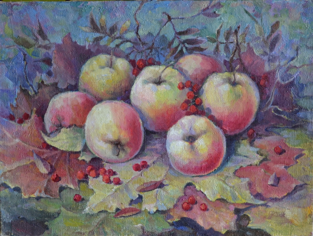 Картина натюрморт маслом на холсте - яблоки с рябиной 30x40 см