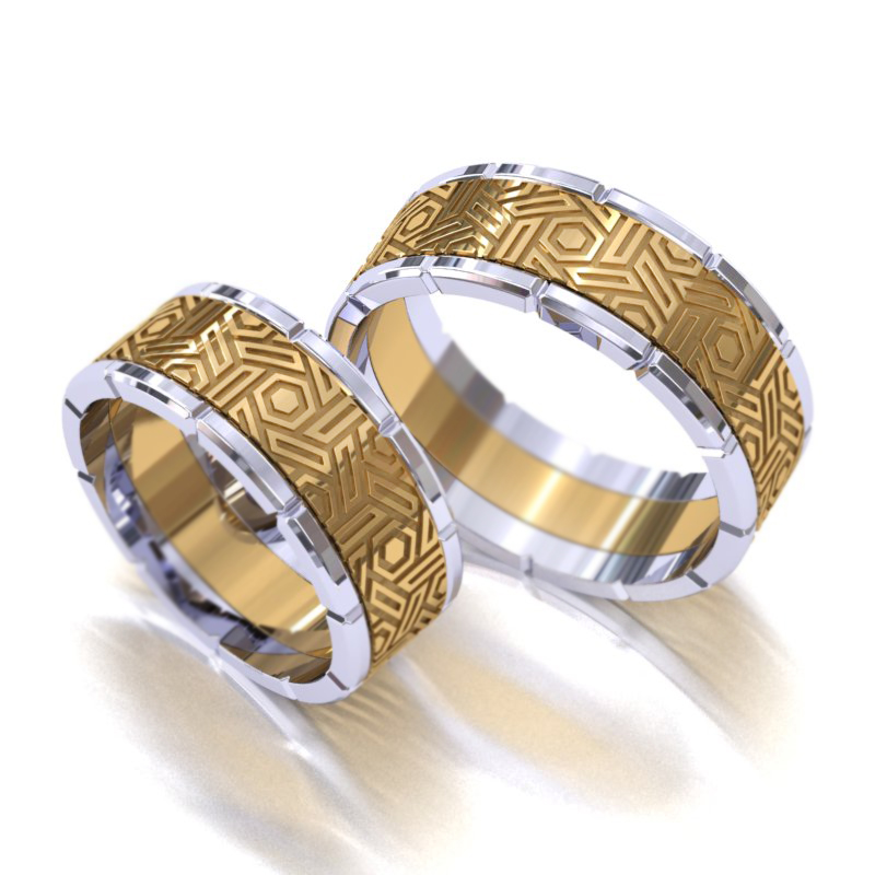 Эксклюзивные обручальные кольца Максимум из жёлто-белого золота с рисунком (Вес пары 16,5 гр.)