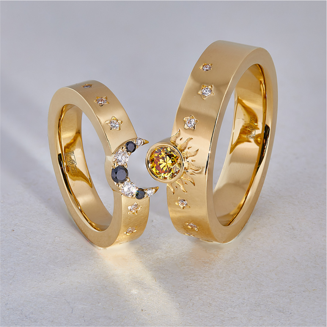 Золотые обручальные кольца Солнце и Луна с драгоценными камнями