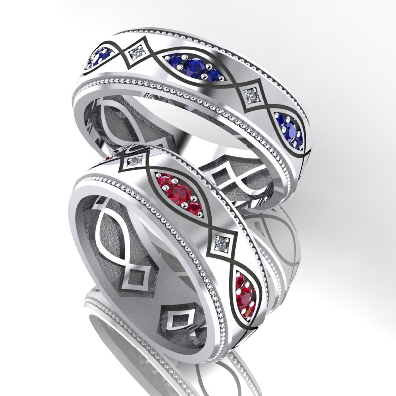 Обручальные кольца Париж с бриллиантами, сапфирами и рубинами из белого золота (Вес пары: 12,5 гр.)