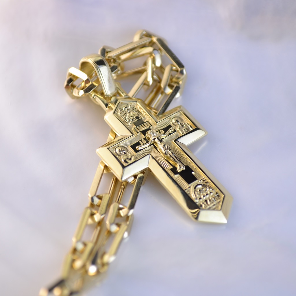 Золотой крест с распятием, ликами святых и гравировкой на цепочке Якорь ...
