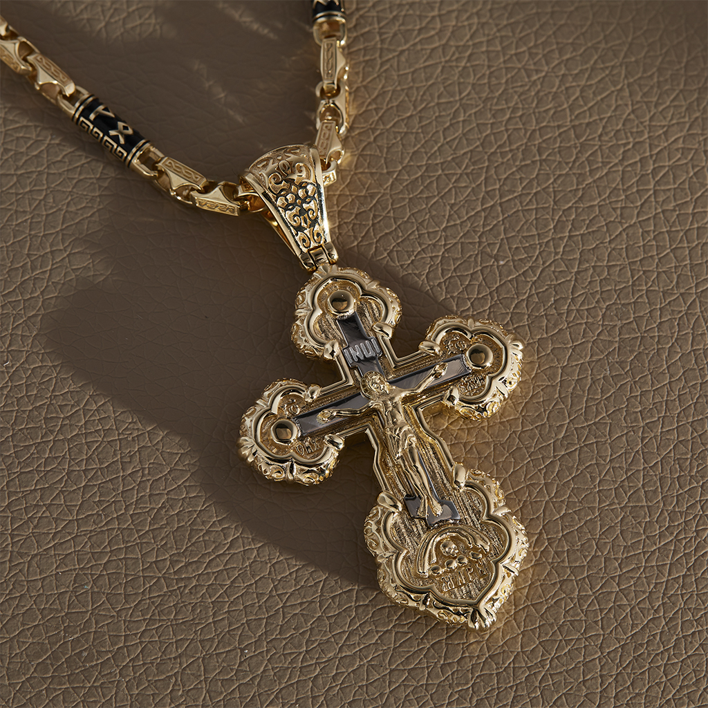 Золотой православный крест на цепочке плетения Краб Луксор с рунами из золота (Вес: 82 гр.)