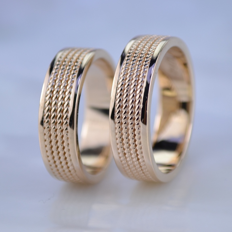 Обручальные кольца из красного золота с плетением в четыре косички прямого профиля (Вес пары: 12 гр.)