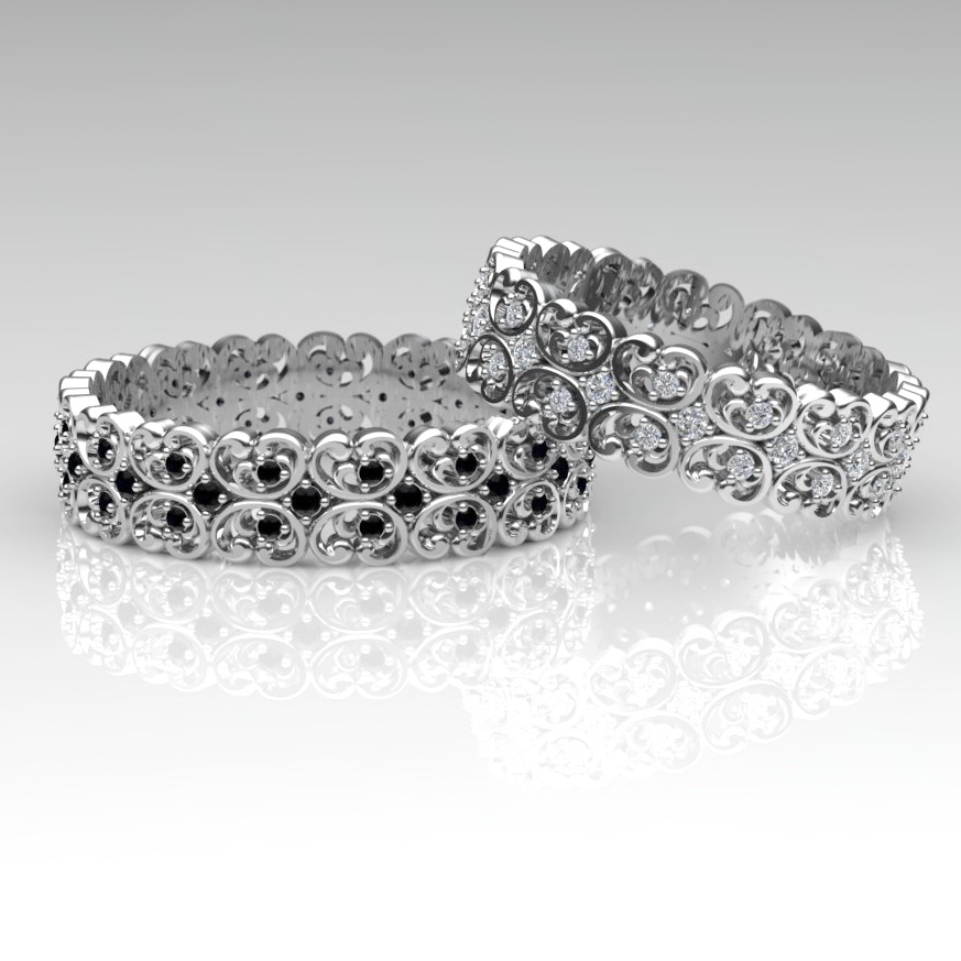 Парные винтажные обручальные кольца с сапфирами, белыми и чёрными бриллиантами (Вес пары: 10 гр.)