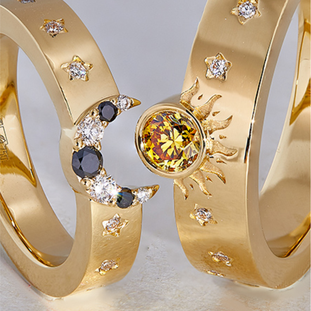 Золотые обручальные кольца Солнце и Луна с драгоценными камнями