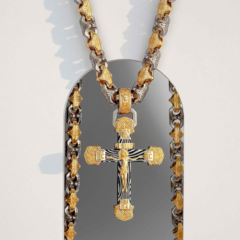 Мужской православный нательный крест из белого и желтого золота с чернением на цепочке
