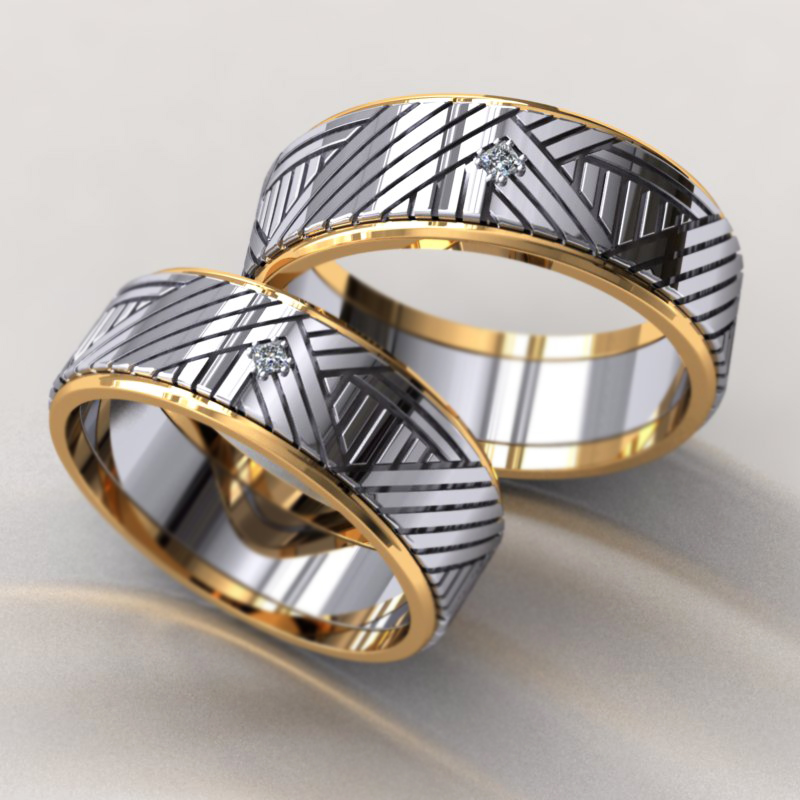 Обручальные кольца Диагональ из белого и жёлтого золота с бриллиантами на заказ (Вес пары 14 гр.)