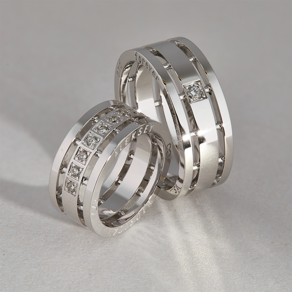 Широкие составные обручальные кольца из белого золота с бриллиантами (Вес: 33,5 гр.)