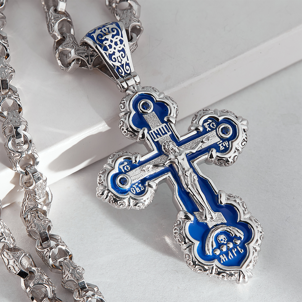 Большой серебряный крест с эмалью и сапфирами на цепочке Краб Средний из серебра (Вес: 65 гр.)