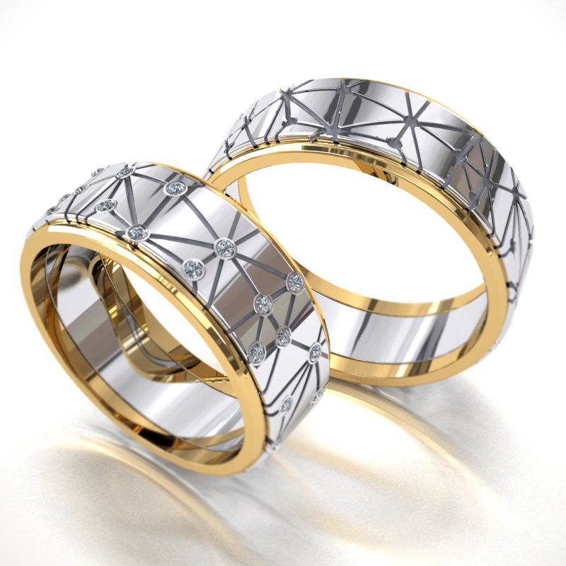 Обручальные кольца Хорда из белого и жёлтого золота с бриллиантами и рисунком (Вес пары 14 гр.)