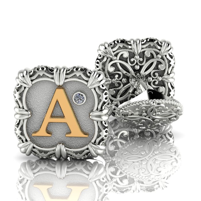 Серебряные запонки с позолотой эксклюзивного дизайна с бриллиантами и инициалами (Вес 18,5 гр.)