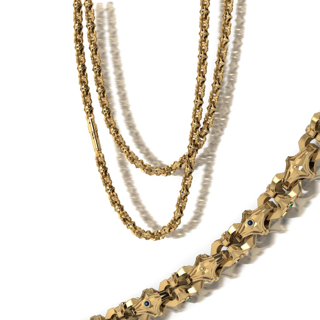 Золотая цепочка эксклюзивное плетение Краб с камнями: чёрными бриллиантами, изумрудами, рубинами и сапфирами (цена за грамм)