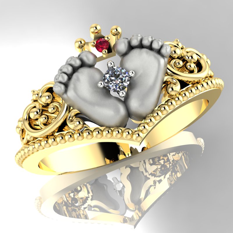Кольцо в подарок жене на рождение дочки или сына с бриллиантом и рубином (Вес: 3,7 гр.)