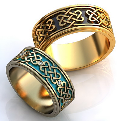 Обручальные кольца с орнаментом бриллиантами и эмалью на заказ (Вес пары: 14 гр.)
