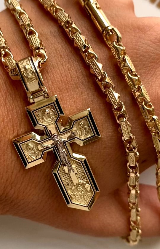Православный крест из желтого золота с ликами святых