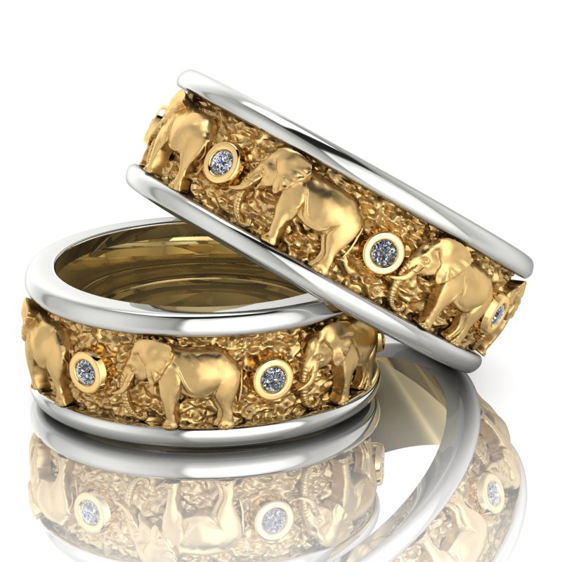 Двухцветные обручальные кольца со слонами с бриллиантами на фактуре в виде самородков золота (Вес пары: 14,5 гр.)