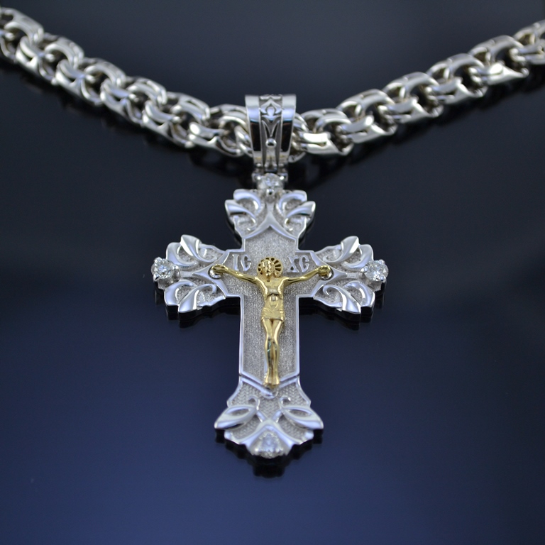 Двухцветный православный крест с бриллиантами (Вес: 14 гр.) с цепью Бисмарк (Вес: 72 гр.) из белого золота