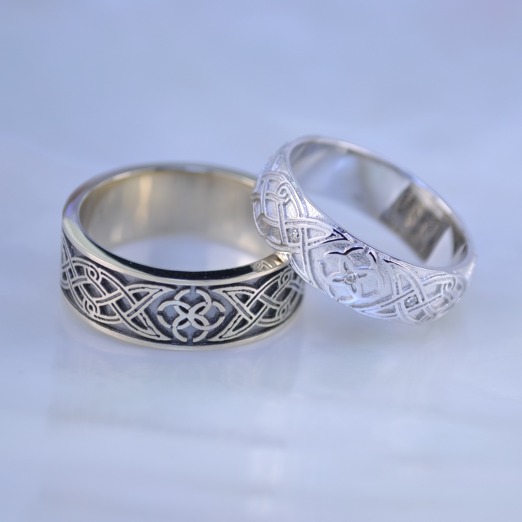 Обручальные кольца Свадебник и кельтский узор из белого золота с бриллиантами, чернением или родированием (Вес пары 15 гр.)