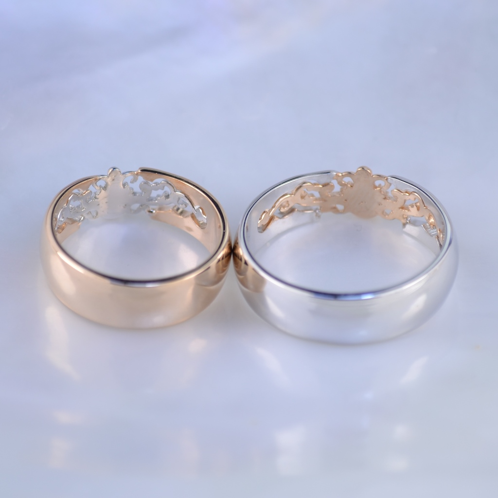 Ажурные обручальные кольца из двух видов золота с бриллиантами (Вес пары: 13 гр.)