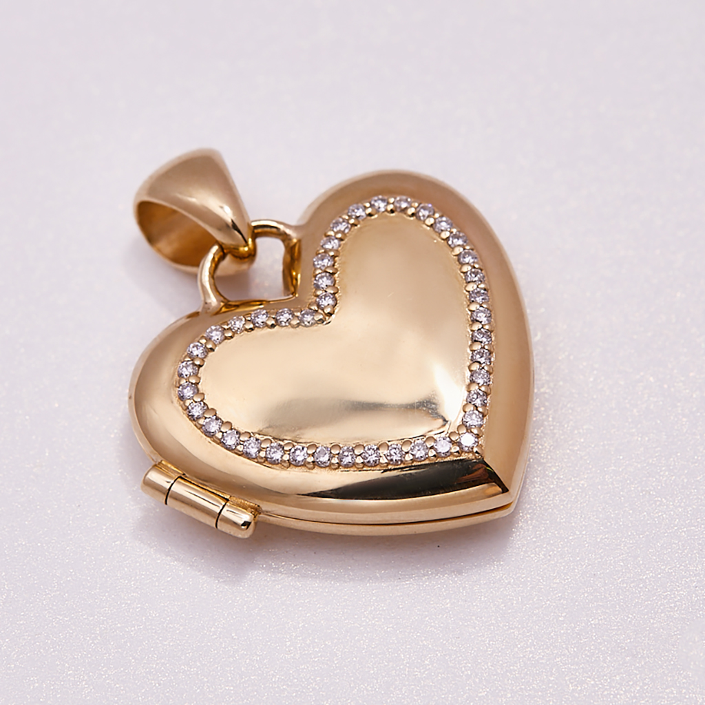 Открывающийся кулон медальон в форме сердца из золота с бриллиантами и фотографией внутри (Вес: 17,5 гр.)
