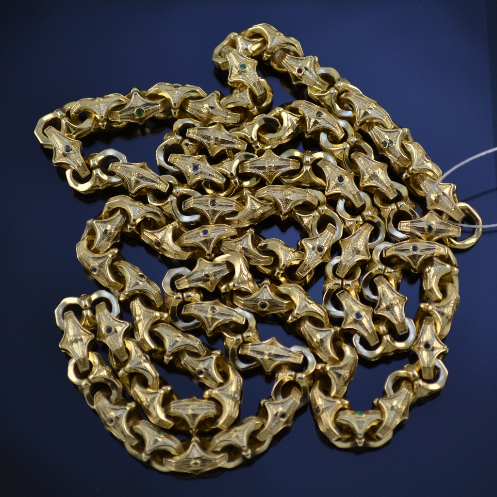Золотая цепочка эксклюзивное плетение Краб с камнями: чёрными бриллиантами, изумрудами, рубинами и сапфирами (цена за грамм)
