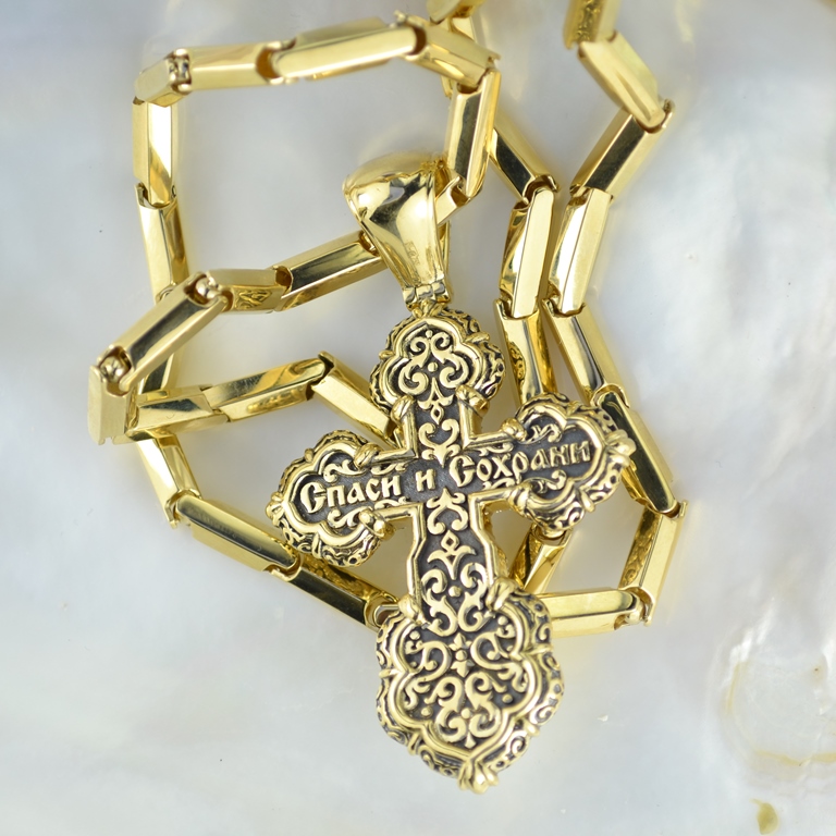 Крест с эмалью, чернением и бриллиантами на цепочке плетения Грань из жёлтого золота (Вес: 129 гр.)