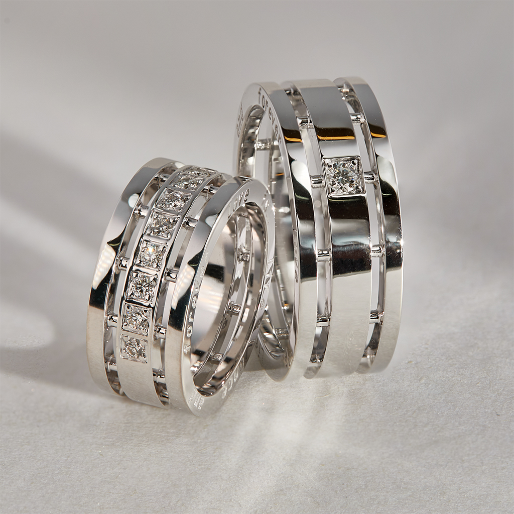 Широкие составные обручальные кольца из белого золота с бриллиантами (Вес: 33,5 гр.)