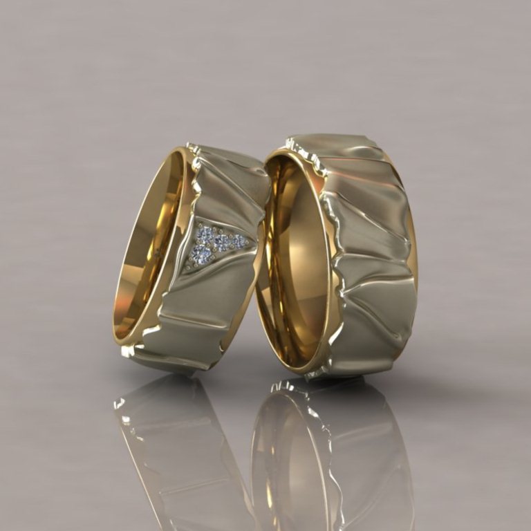Фактурные двухцветные обручальные кольца с бриллиантами с оплавленной пластиной на заказ (Вес пары: 22 гр.)