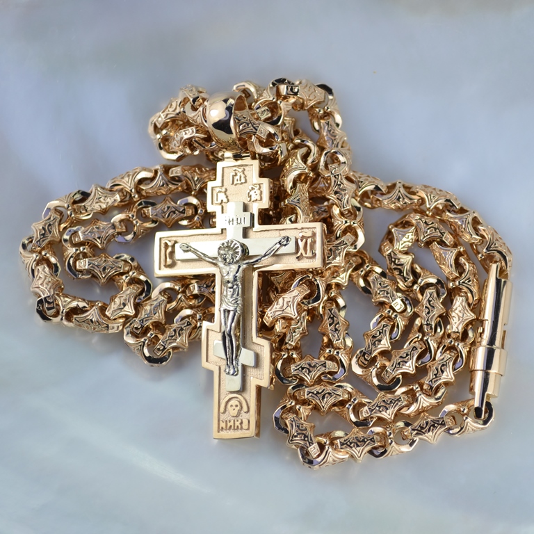 Православный мужской крестик на цепочке плетения Краб большой из красного золота (Вес: 83,5 гр.)