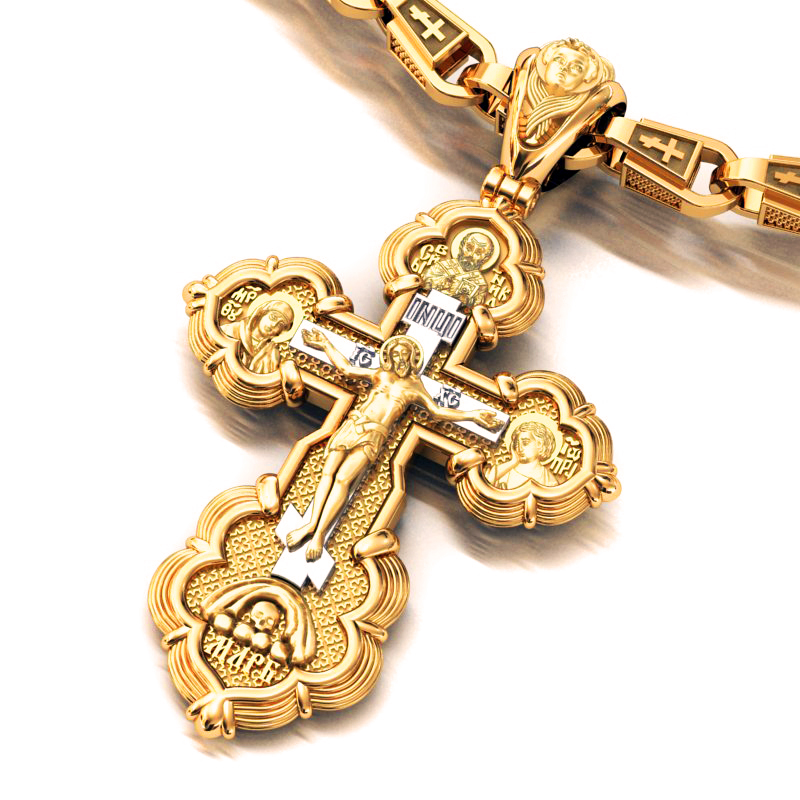 Православный золотой крест с распятием, ликами святых и молитвой Честному и Животворящему Кресту (Вес 18 гр.)