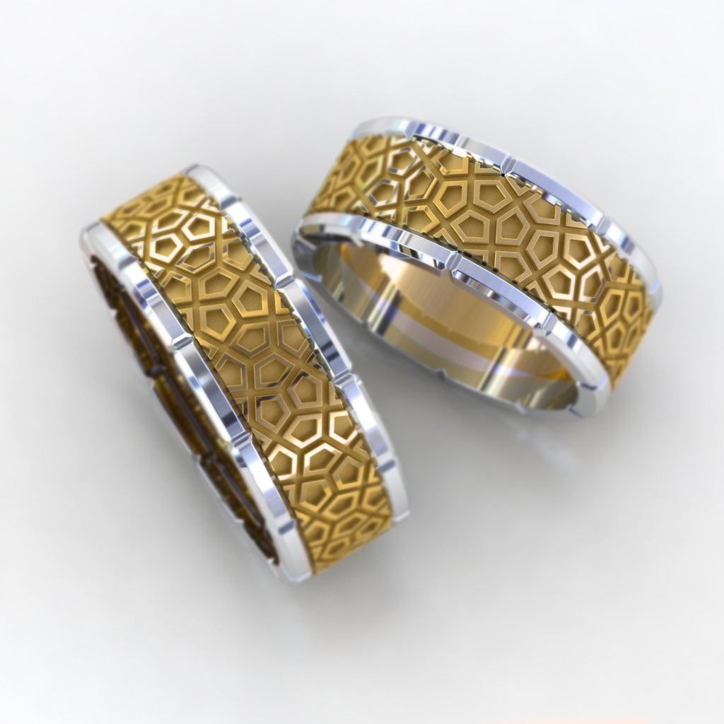 Фактурные обручальные кольца Меркурий из двух видов золота (Вес пары 16,8 гр.)