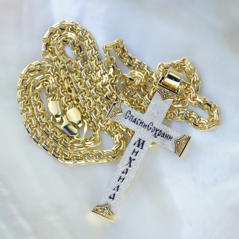 Именной золотой мужской крест эксклюзивного дизайна Спаси и сохрани Михаила на цепочке Бисмарк (Вес 46 гр.)