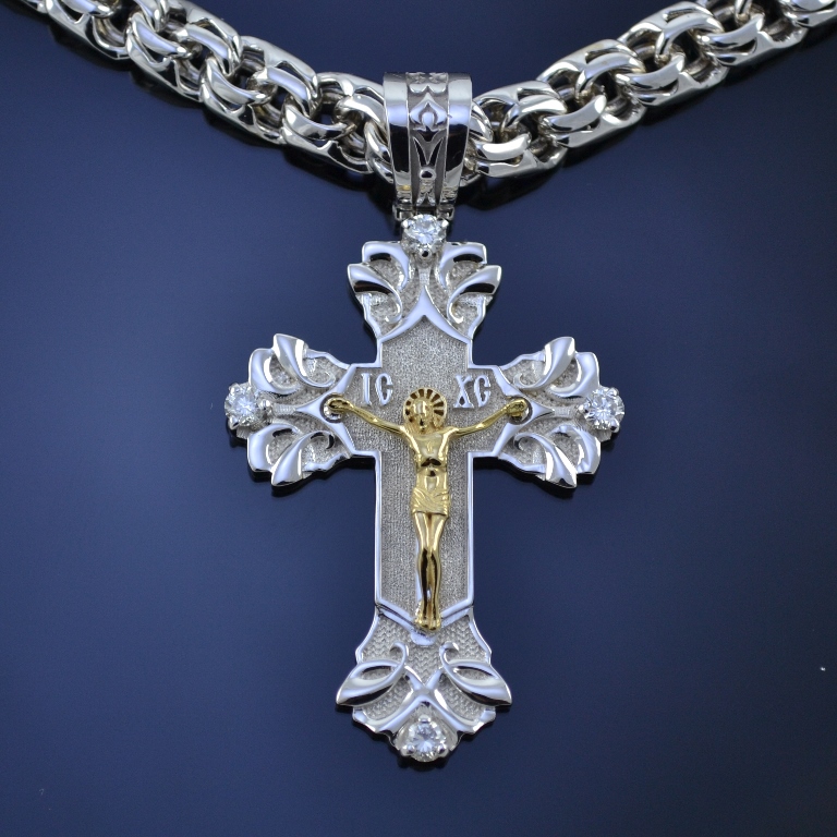 Двухцветный православный крест с бриллиантами (Вес: 14 гр.) с цепью Бисмарк (Вес: 72 гр.) из белого золота