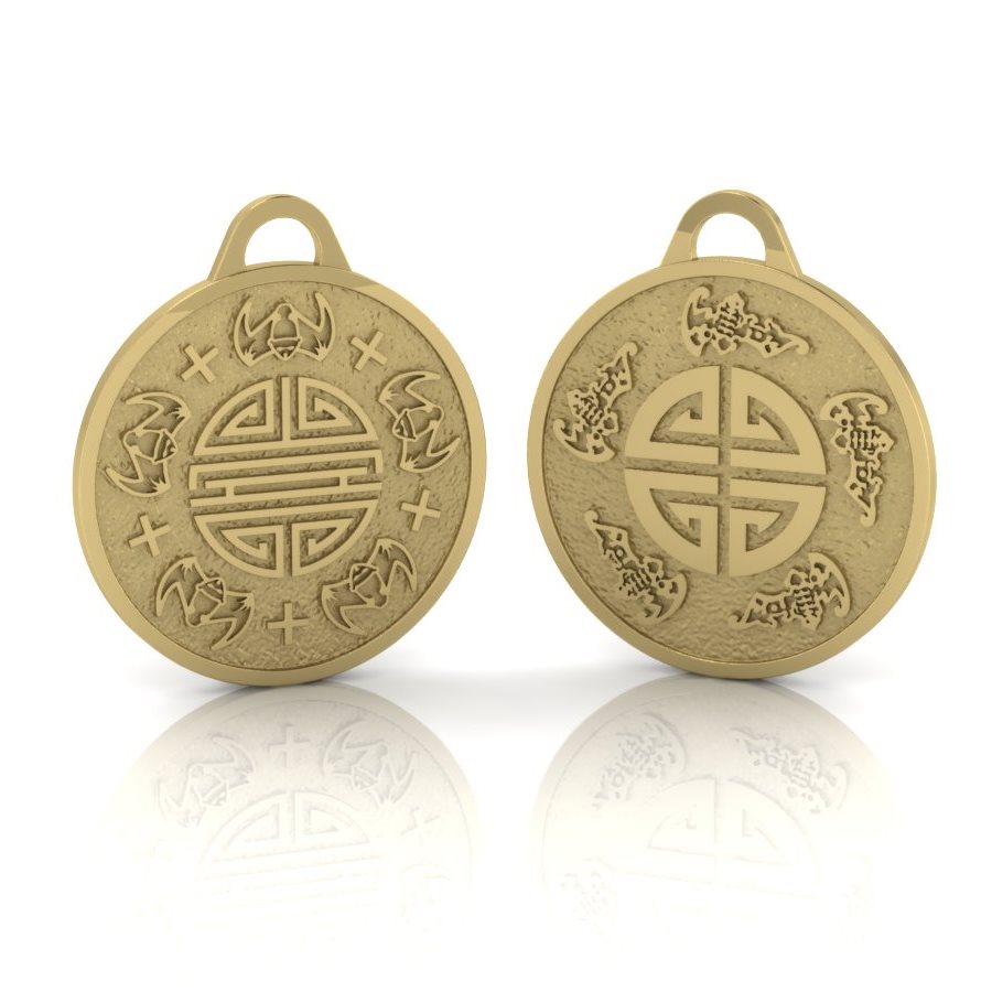 Медальон - кулон Символ Пяти Благ из жёлтого золота с чернением (Вес: 25 гр.)